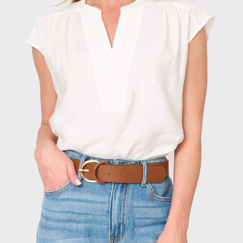 Woman modeling Cap Sleeve Notch Neck Blouse in White styled for everyday and the office