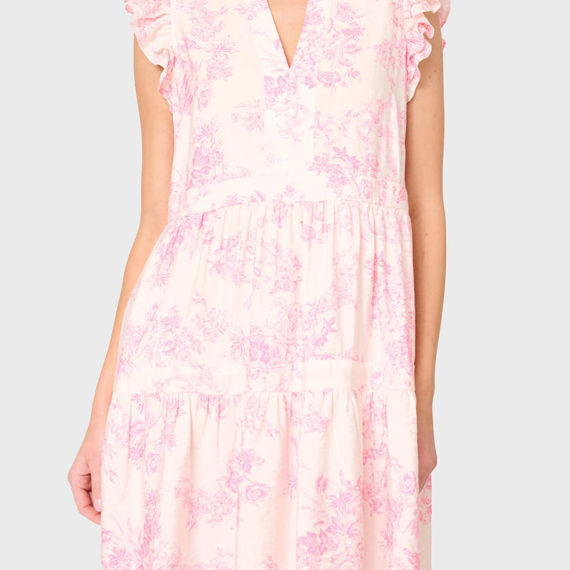 Woman modeling Flutter Sleeve Decked Out Day Dress in Pink floral toile print styled for everyday