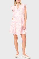 woman modeling Flutter Sleeve Decked Out Day Dress in pink floral toile styled for date night