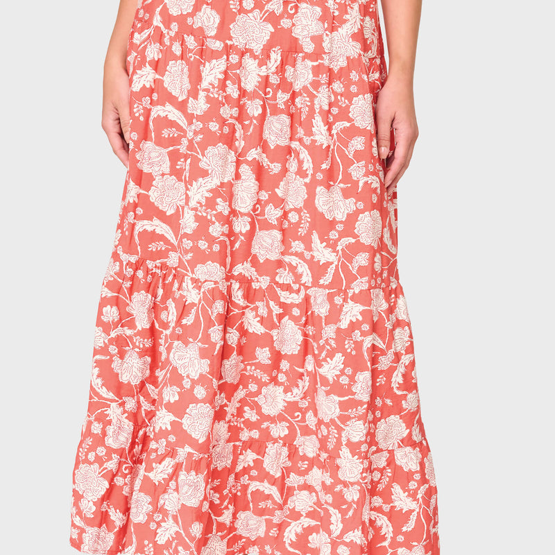 Woman modeling Tiered Ultra Maxi Skirt in Desert Rose Floral print styled for everyday, vacation, and work