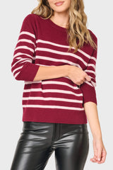 NYDJ Striped Cashmere Crewneck Sweater in Burgundy Combo