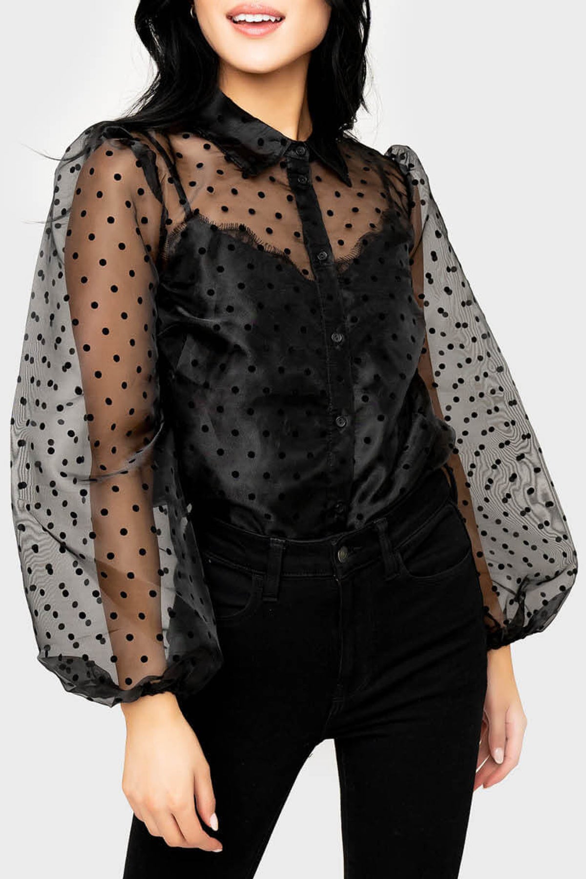 Megan Sheer Sleeve Pin Dot Blouson Sleeve Top