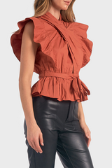 Elan Wrap Top With Flutter Pleated Sleeve