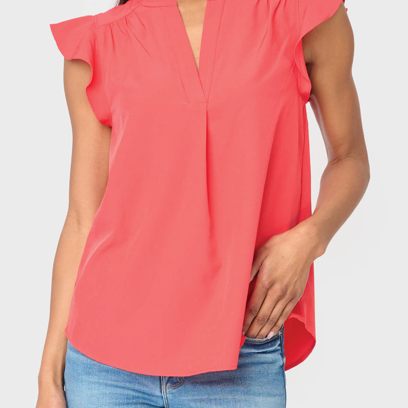 Notch Neck Flutter Sleeve Blouse