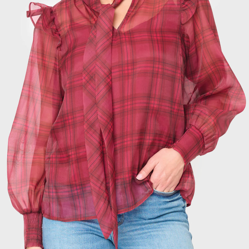 Festive Plaid Organza Blouse