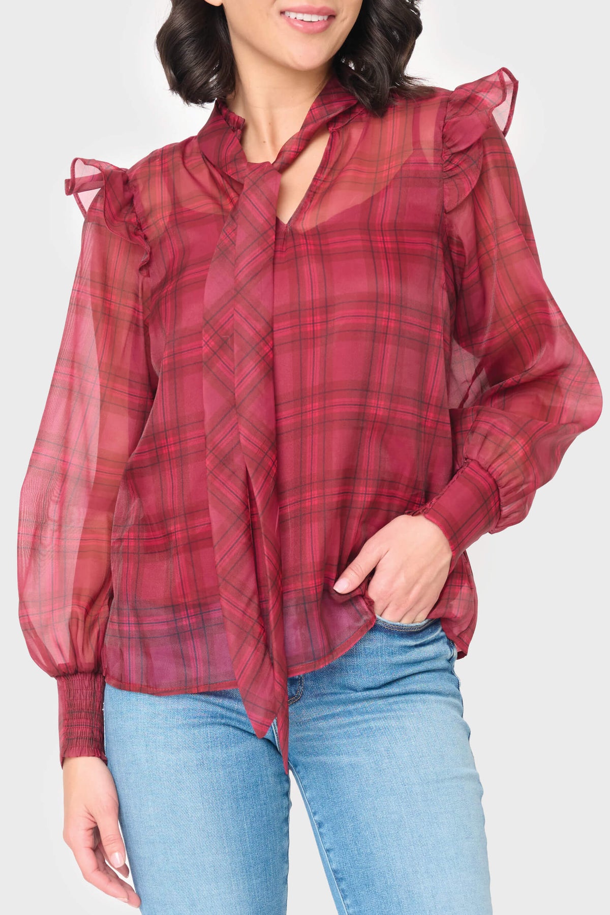 Festive Plaid Organza Blouse