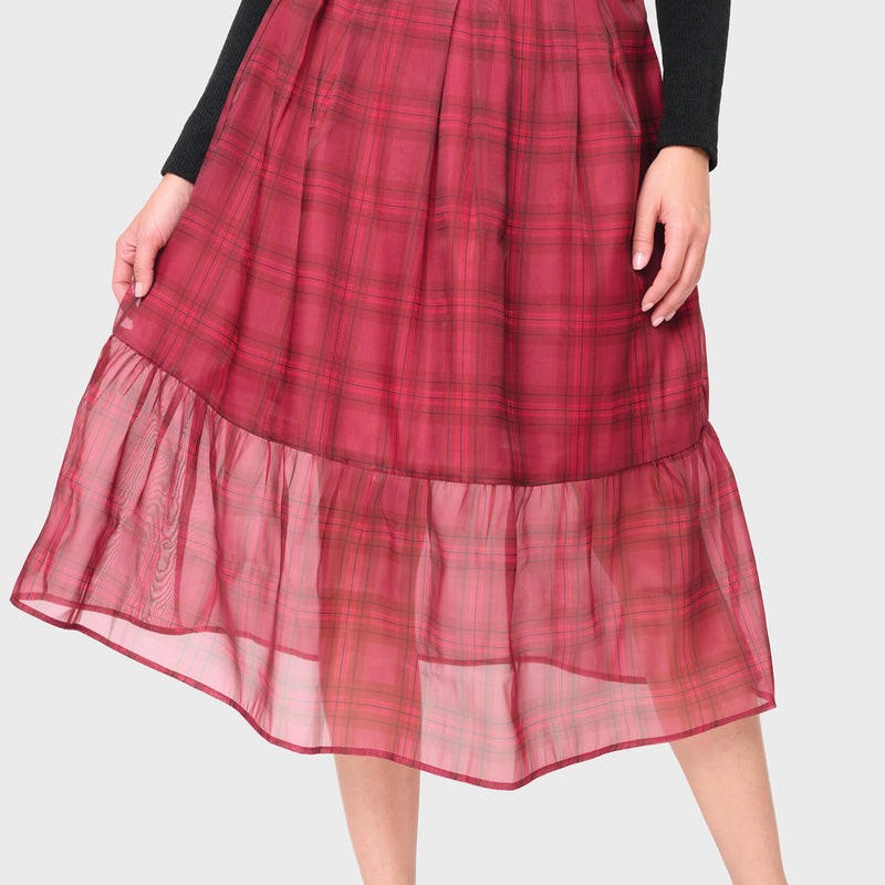 Festive Plaid Organza Tiered Maxi Skirt