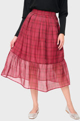 Festive Plaid Organza Tiered Maxi Skirt