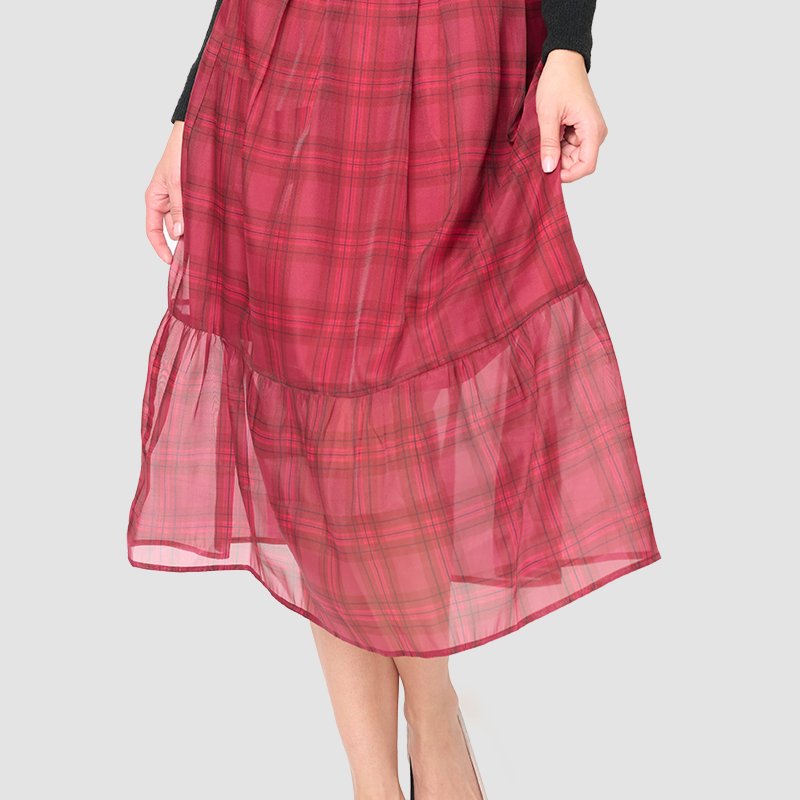 Festive Plaid Organza Tiered Maxi Skirt