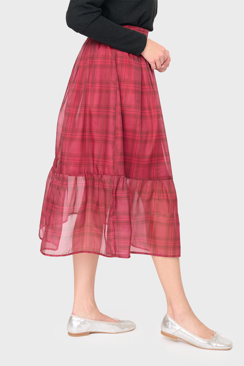 Festive Plaid Organza Tiered Maxi Skirt