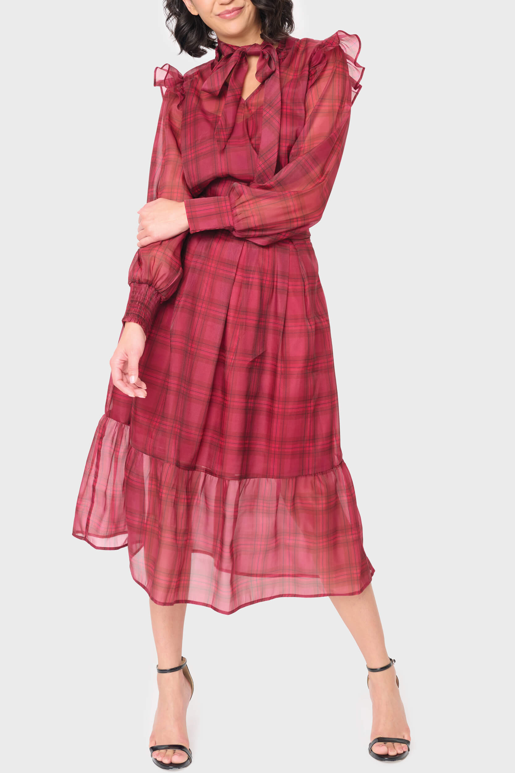 Festive Plaid Organza Tiered Maxi Skirt