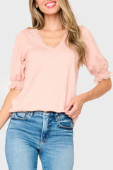 Woman modeling Lace Trim V-Neck Luxe Sweater Top in pink smoke styled everyday casual