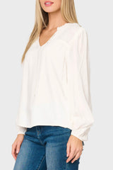 Smocked Yoke Tie Neck Blouson Sleeve Blouse