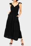 Front of women wearing the Strappy Crochet Inset Maxi Dress in black