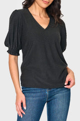 Clip Dot Elbow Puff Sleeve V-Neck