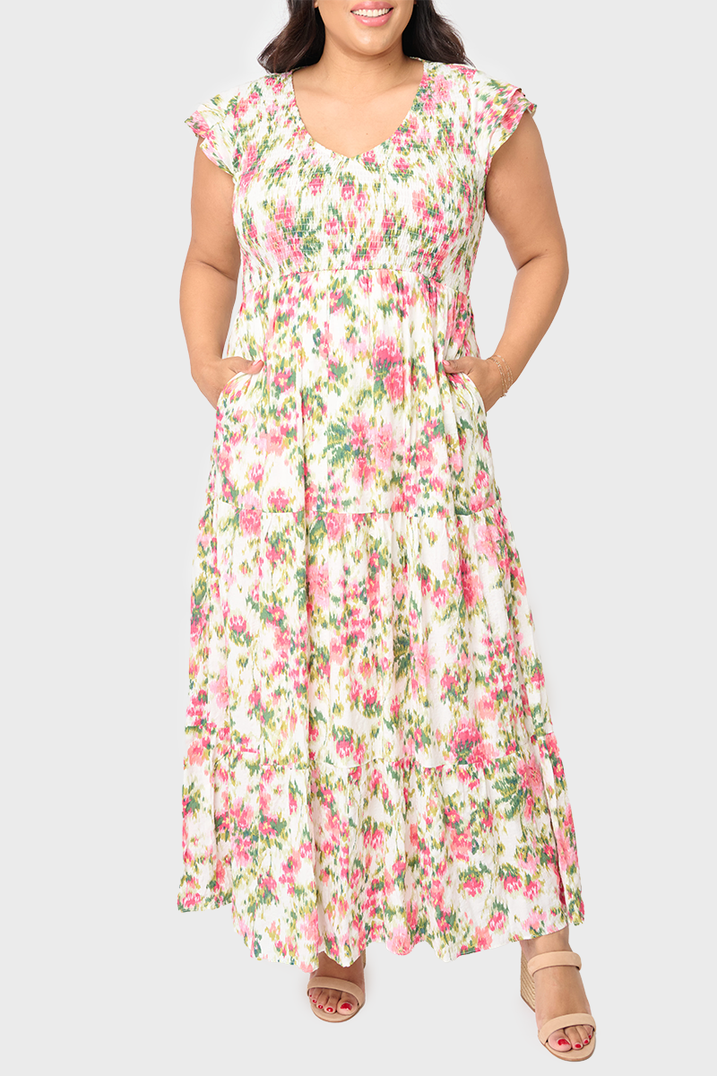 Flutter Sleeve Smocked V-Neck Tiered Maxi Dress – Gibsonlook