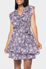 Front of women wearing the Ruffles For Days Wrap Dress With Belt in blue deco garden print