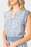 Close-up of women wearing the Lindsey Border Dress in navy white print