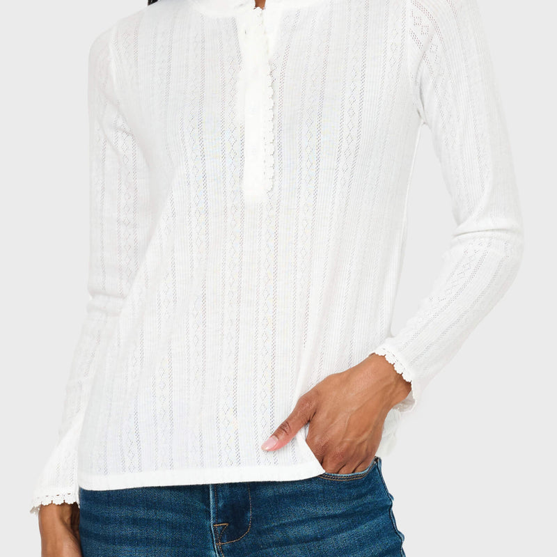 Woman modeling Ava Crochet Trim Pointelle Henley Top in White styled everyday casual