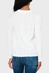 Back of Woman modeling Ava Crochet Trim Pointelle Henley Top in White styled everyday casual