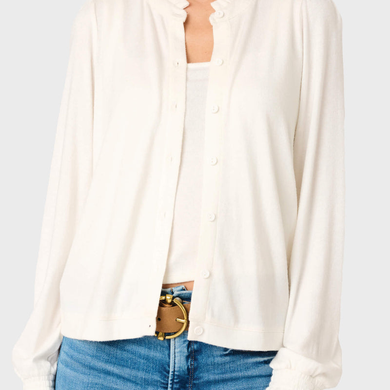 woman modeling Feminine Mock Neck Luxe Cardigan in Ivory white, styled business casual