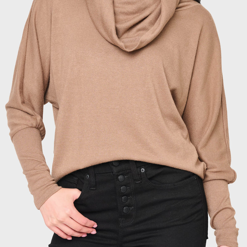 Woman modeling Cozy Up Luxe Cowl Neck Sweater in Mocha brown styled casual for weekends & events