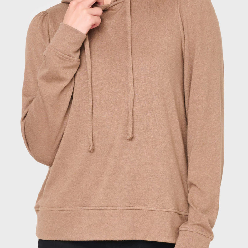 Woman modeling The Chic Luxe Alpine Hoodie in Brown styled casual for weekends