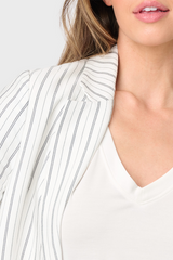 Notch Collar Pinstripe Linen Blazer with Rouched Sleeve