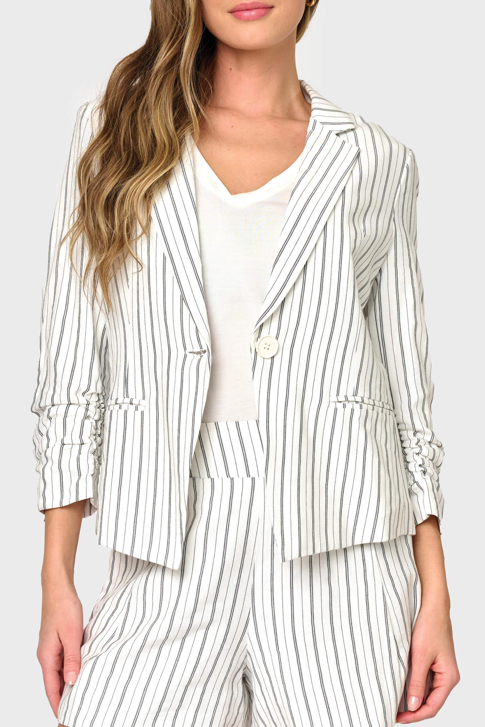 Notch Collar Pinstripe Linen Blazer with Rouched Sleeve