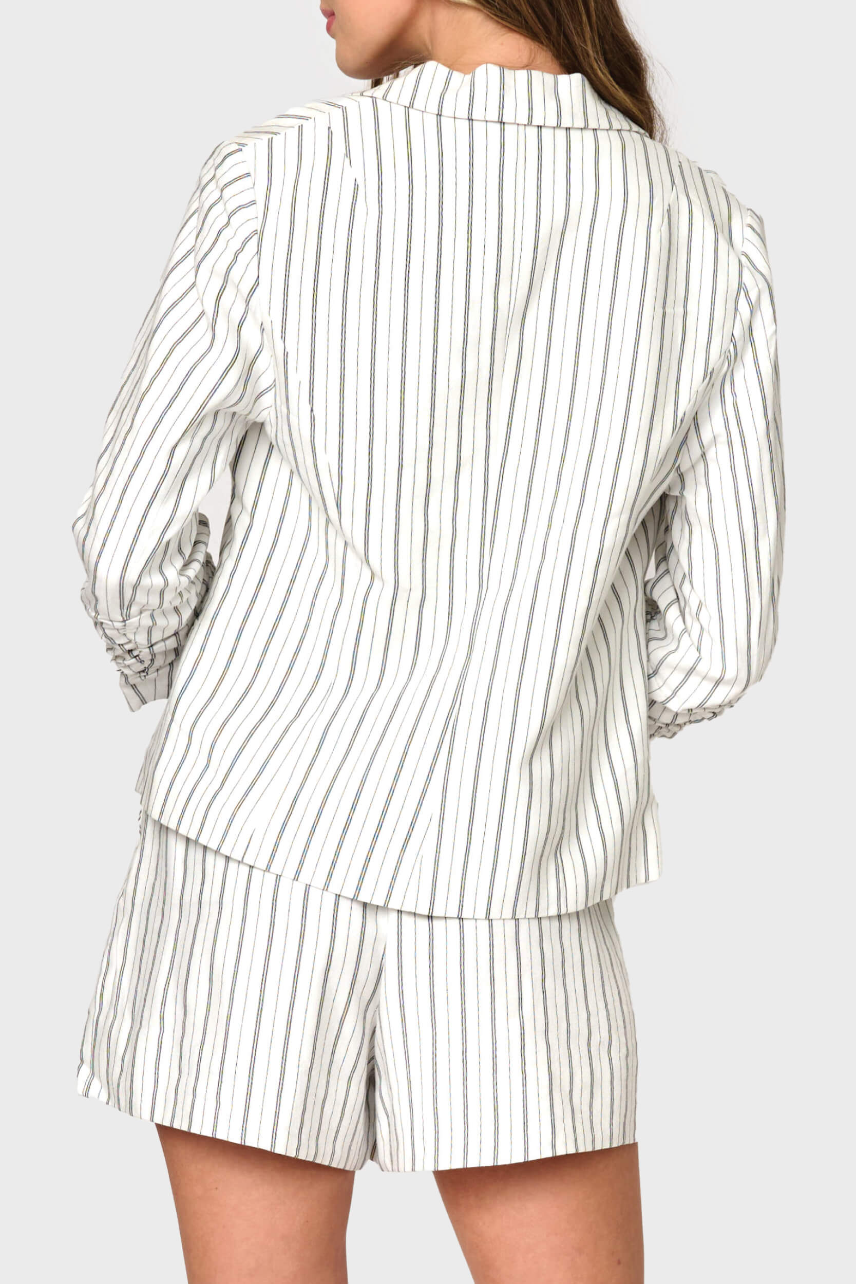 Notch Collar Pinstripe Linen Blazer with Rouched Sleeve