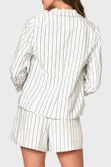 Notch Collar Pinstripe Linen Blazer with Rouched Sleeve