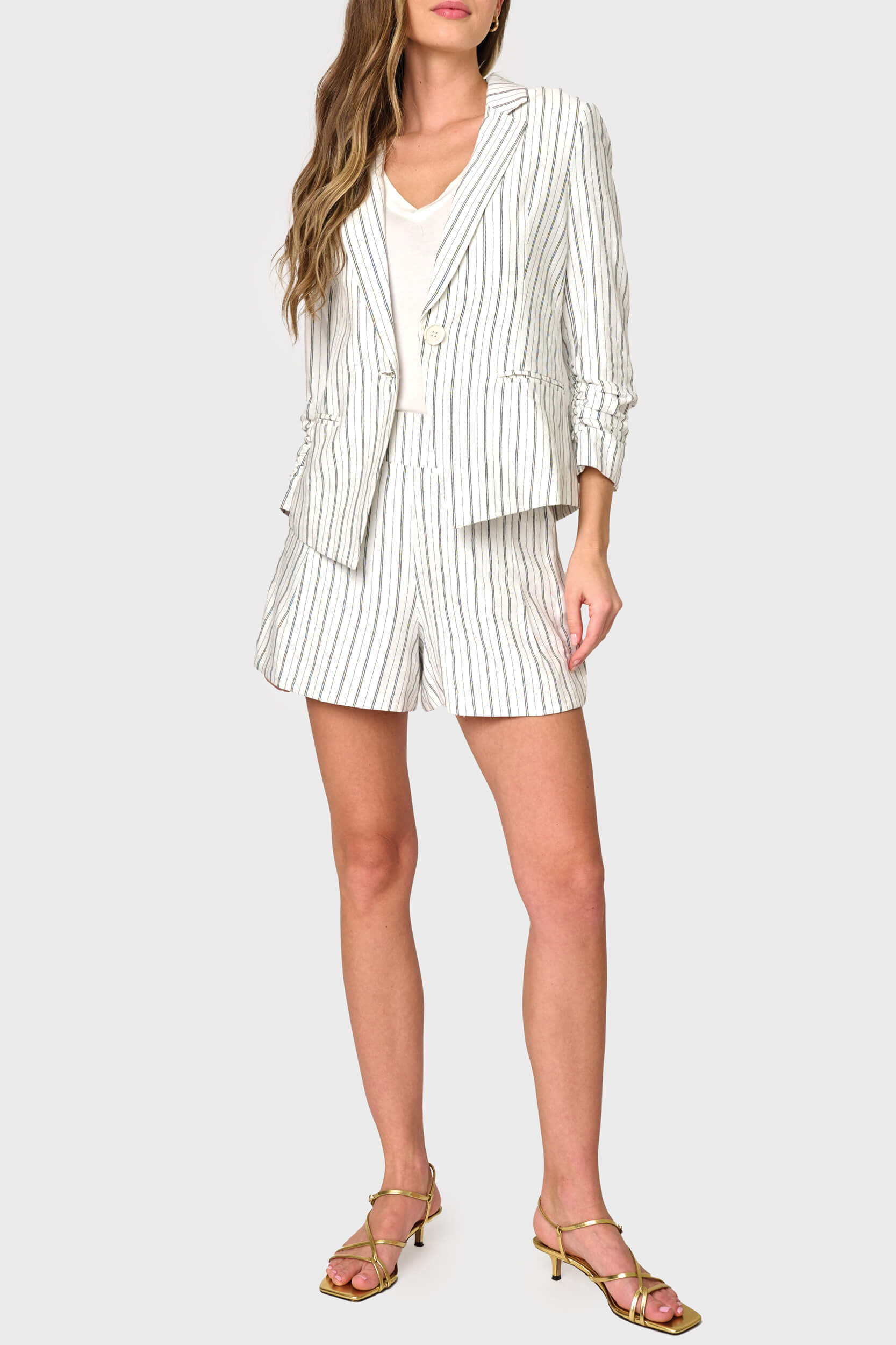 Notch Collar Pinstripe Linen Blazer with Rouched Sleeve