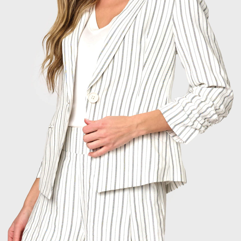 Notch Collar Pinstripe Linen Blazer with Rouched Sleeve