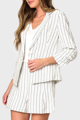 Notch Collar Pinstripe Linen Blazer with Rouched Sleeve