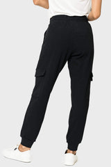 Back of women wearing the Gigi Essential Soft Ponte Cargo Jogger in black
