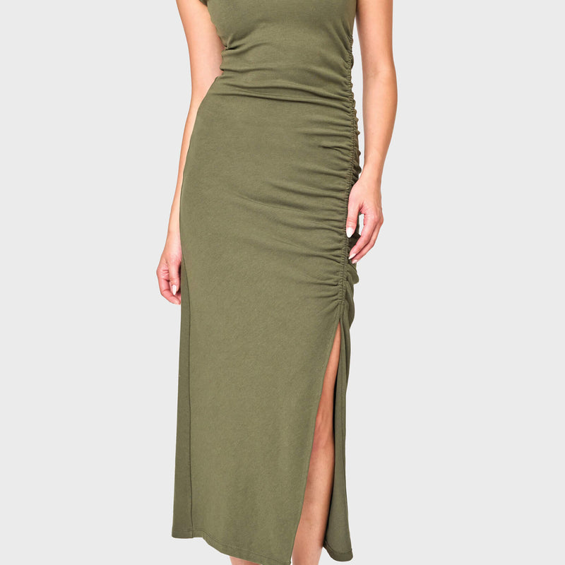 Soft Ponte V-Neck Side Cinch Maxi Dress