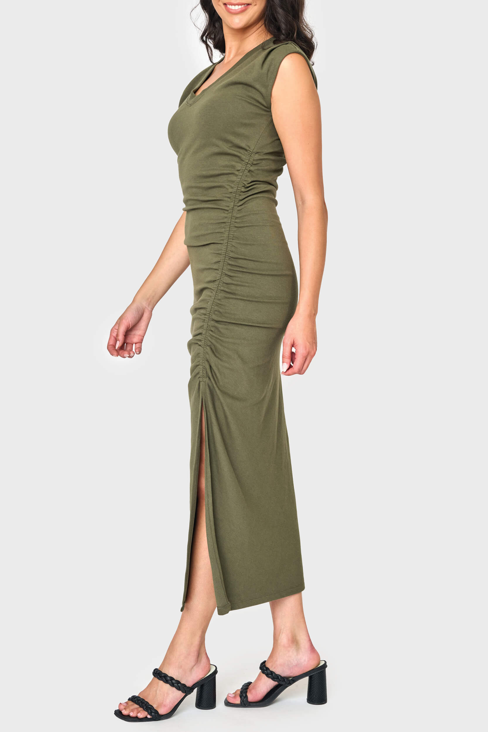 Soft Ponte V-Neck Side Cinch Maxi Dress Black / M | Gibsonlook Soft Ponte V-Neck Side Cinch Maxi Dress Black / M | Gibsonlook