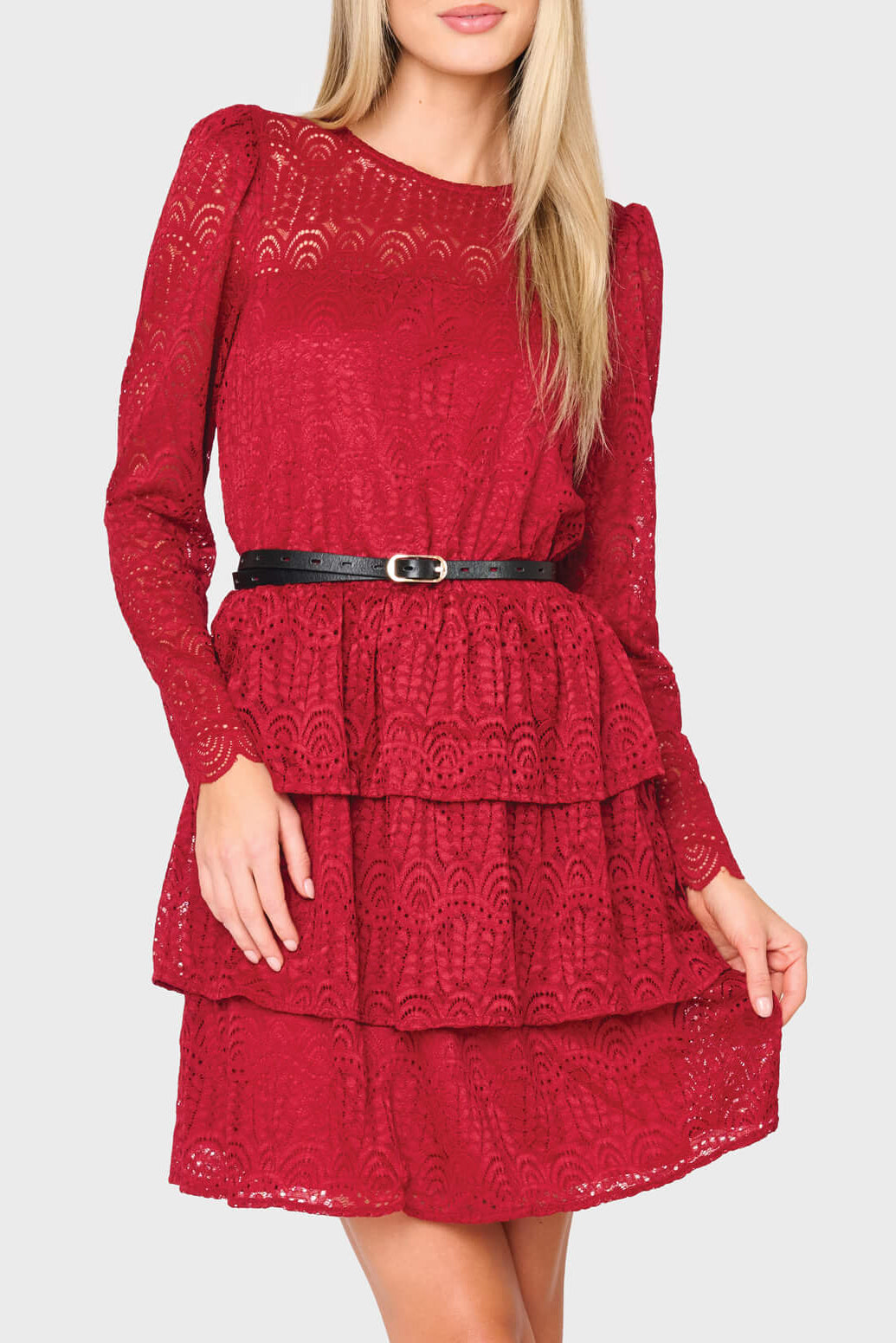 Woman modeling Scallop Lace Tiered Dress in Red Lace styled for date night out