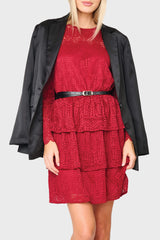 Woman modeling Scallop Lace Tiered Dress in Red styled for holiday parties and events