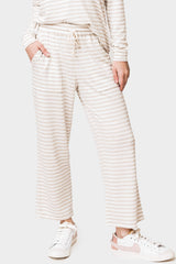 Front of Woman wearing Serene Mornings Wide Leg Crop Pant in Sand Stripe