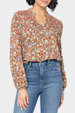 Smocked Yoke Tie Neck Blouson Sleeve Blouse