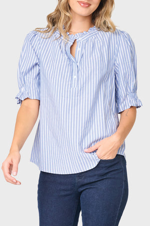 Dianthus Henley Puff Sleeve Stripe Blouse