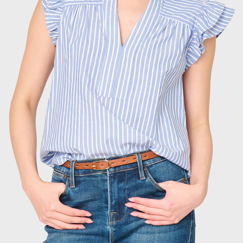 Woman modeling Flutter Sleeve V-Neck Stripe Top in blue white stripe styled for work to weekend