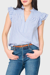 Woman modeling Flutter Sleeve V-Neck Stripe Top in blue white stripe styled for work to weekend