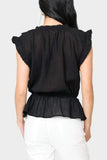 Back of women wearing the Elan Sleeveless Ruffle Trim Blouse in black