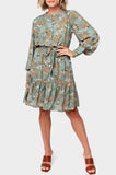 Blouson Long Sleeve Button Front Belted Dress