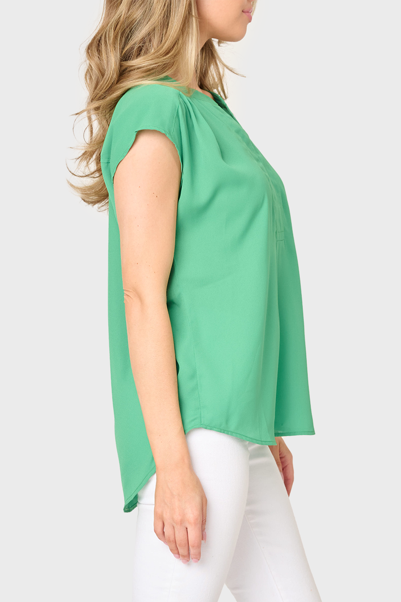 Cap Sleeve Stitched Notch V-Neck Blouse