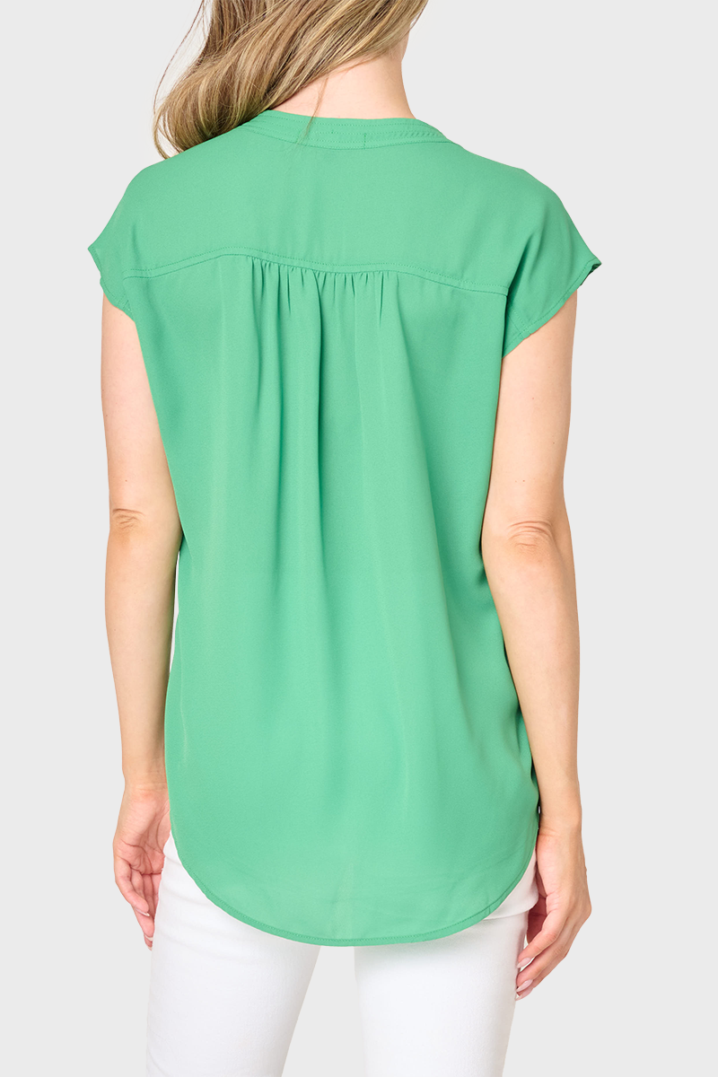 Cap Sleeve Stitched Notch V-Neck Blouse