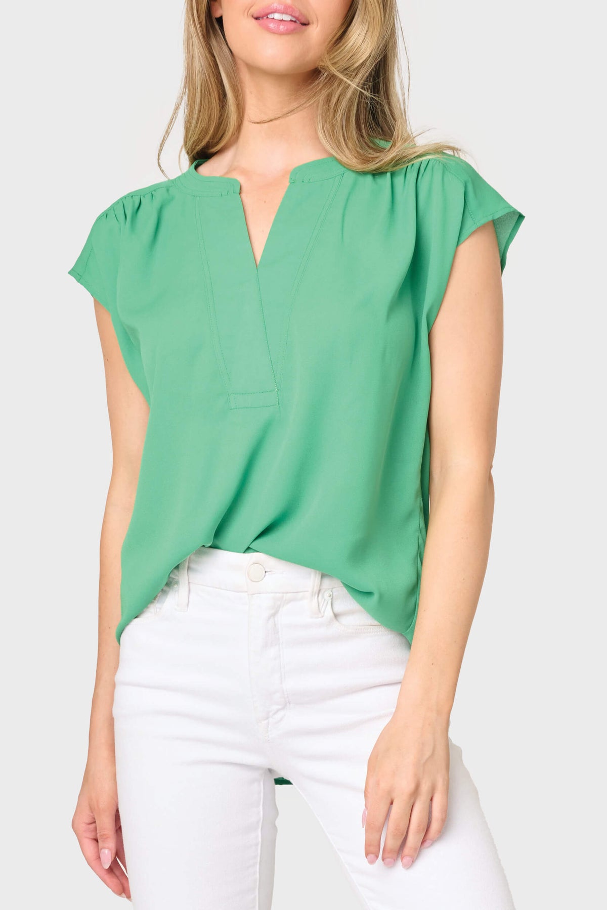 Cap Sleeve Stitched Notch V-Neck Blouse