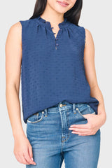 Woman modeling Respect the Ruffle Sleeveless Top in navy styled for everday - work to weekend